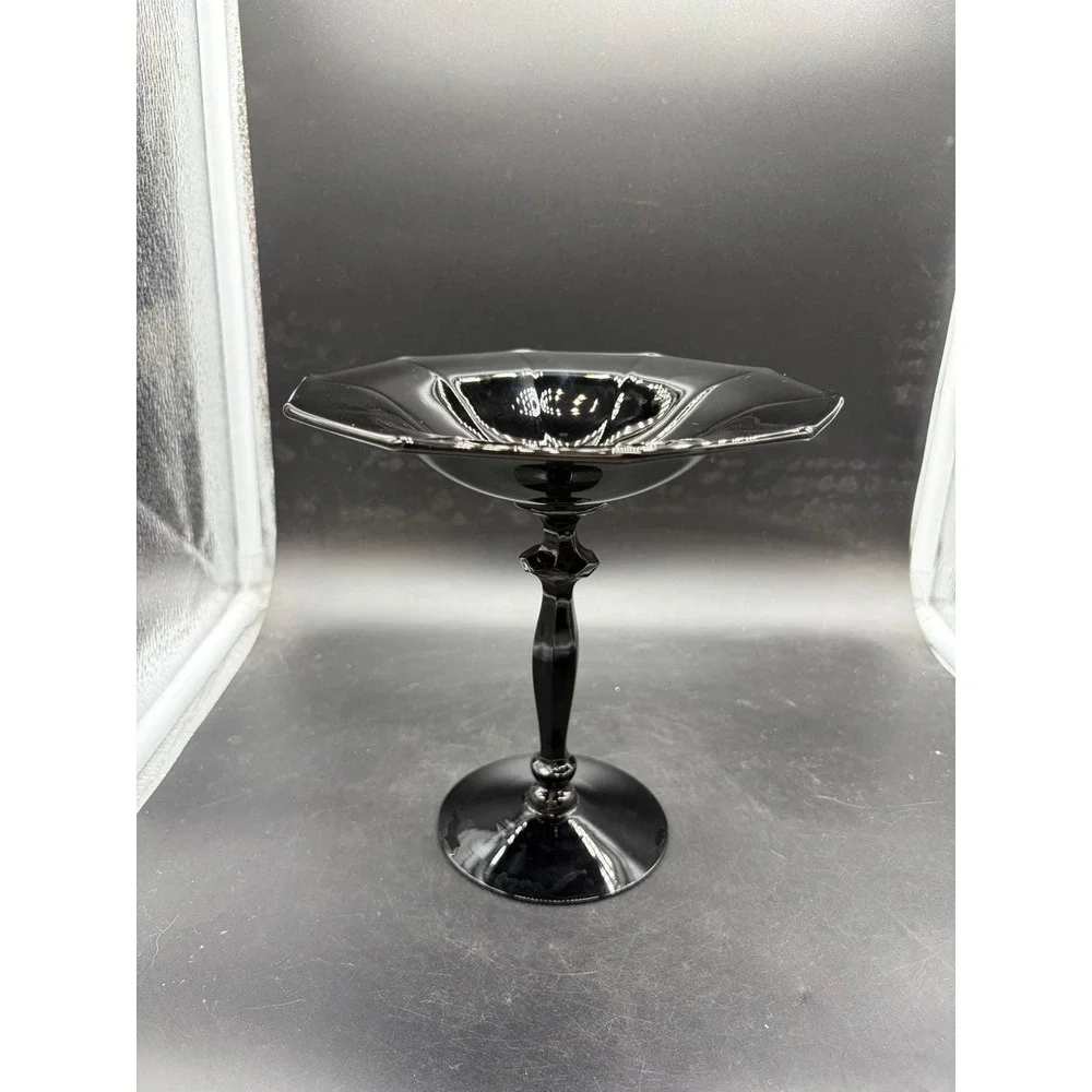 Vintage Black Amethyst Glass Compote Pedestal Dish Octagonal Rim 7.25 inch